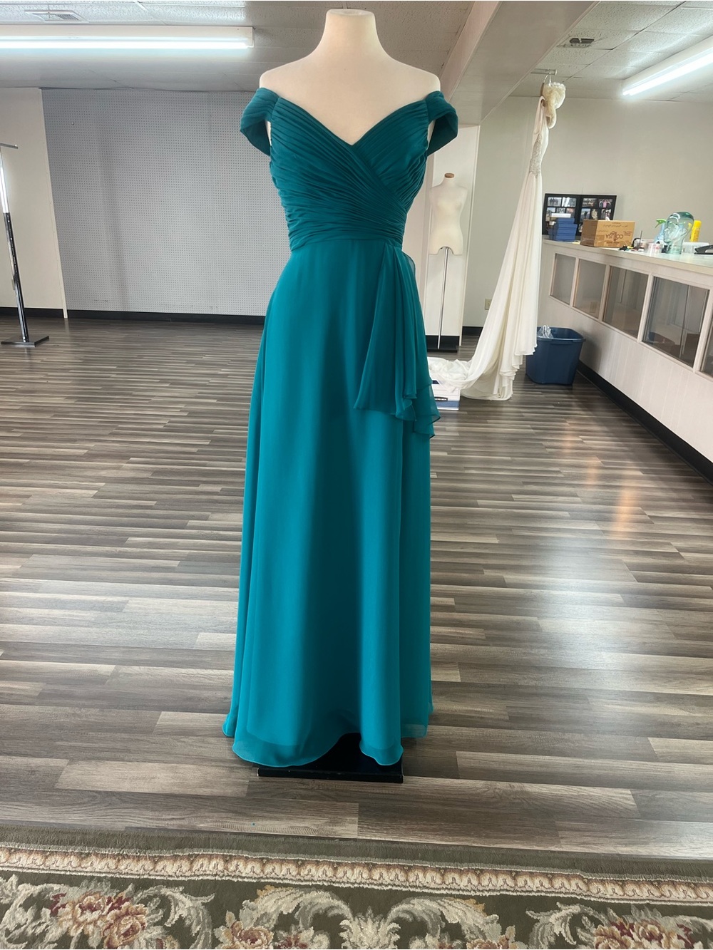 Teal Off-the-Shoulder Strapless Evening Gown